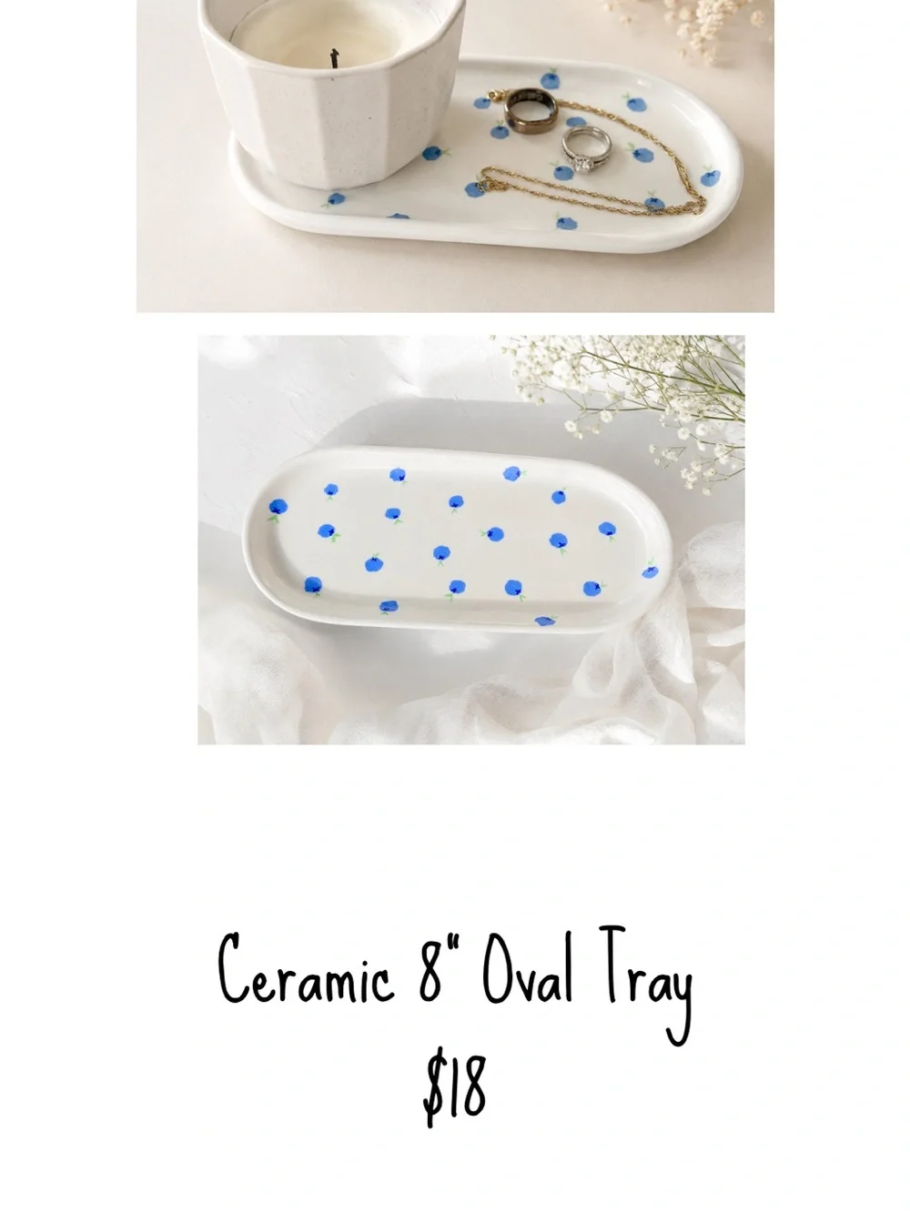 Ceramic White Jewelry Tray with Blue Dot Pattern and White Candle
